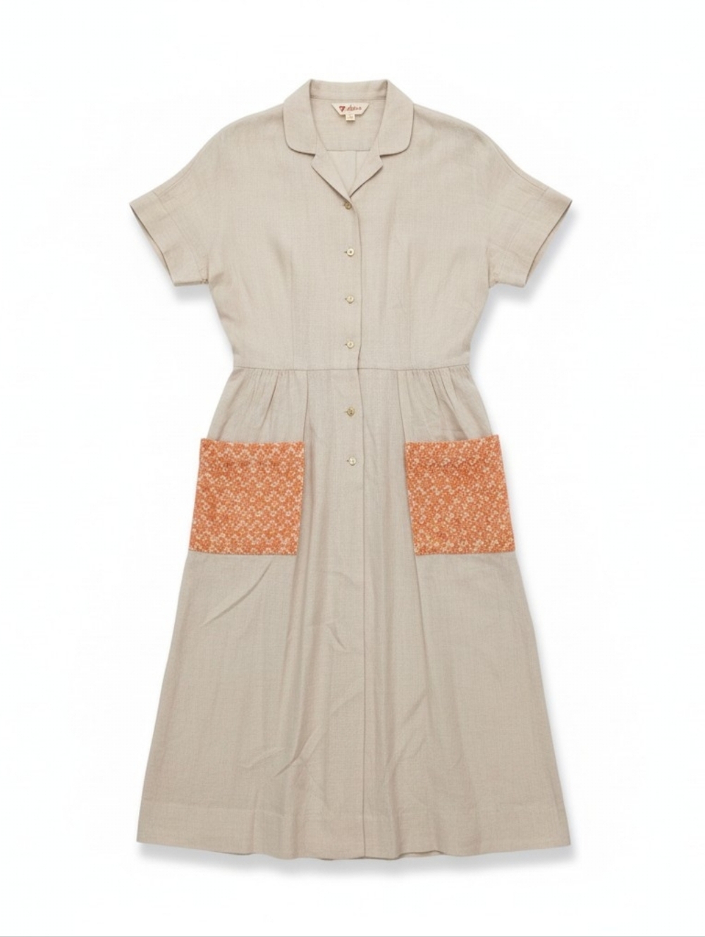 Vintage 50s L'Aiglon Linen Embroidered Shirt Dress Tan Orange Floral Button